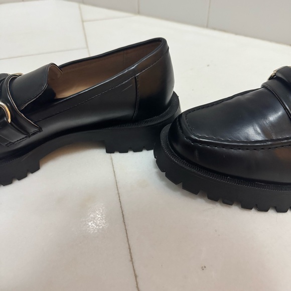 Zara Black Leather Gold Buckle Lug Sole Chunky Loafers - Picture 7 of 11